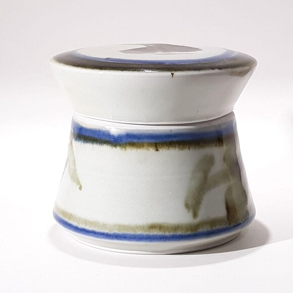 Handcrafted Ceramic Lidded Jar By Chris Krueger With Abstract Green & Blue Brush - Picture 2 of 7